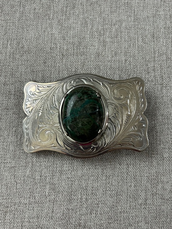 Accessories - Engraved Silver Belt Buckle with Dark Green Stone southwestern cowboy